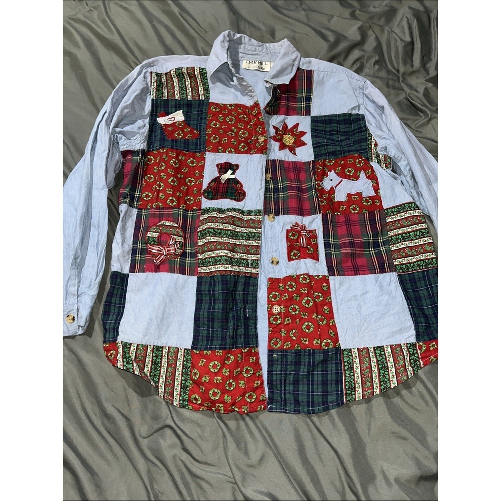 Casey And Max Women's 90s Holiday Denim Embroidered Plaid Button Down Shirt Sz L